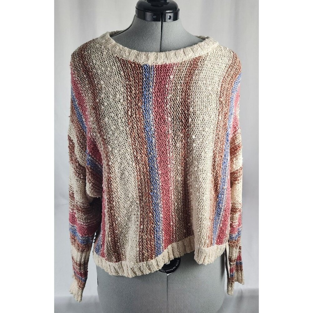 Billabong Cream Crewneck Sweater with Pink, Blue & Brown Stripes